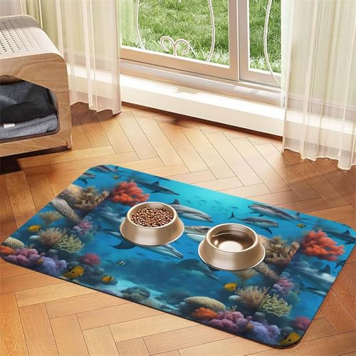 Saugfähige Leder-Tischdecke für Hunde und Katzen, Motiv: Delfine, Meeresschildkröte, Hai, Oktopus, Korallenriff, bedruckt, 4 mm dick von TTIGLHOH
