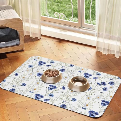 Saugfähige Leder-Tischdecke mit Blumen und Kornblumen, Gänseblümchen, für Hunde, Katzen, Futtermatte, 60 x 40 cm, 4 mm dick von TTIGLHOH