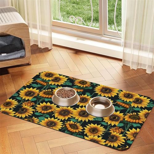 Saugfähige Leder-Tischdecke mit Sonnenblumen-Druck, für Hunde und Katzen, Futtermatte, 60 x 40 cm, 4 mm dick von TTIGLHOH