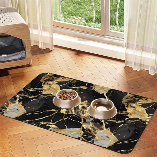 Schwarze Marmor-Textur, goldener Druck, saugfähige Leder-Tischdecke für Hunde und Katzen, Futtermatte, 60 x 40 cm, 4 mm dick von TTIGLHOH
