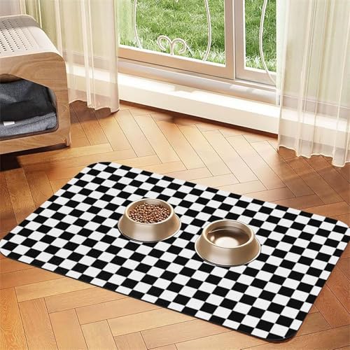 Schwarze und weiße karierte Streifen bedruckte Haustier-Tischdecke für Hunde und Katzen, Futtermatte, 60 x 40 cm, 4 mm dick von TTIGLHOH