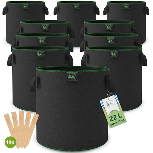 TTL Garden 10x 22L Pflanzsack aus Vlies Stoff - 10er Set 20L +10% = 22 Liter Pflanztaschen aus 300 g/m² Filz & Vliesstoff - Pflanzgefäß Pflanzbeutel für Balkon Terrasse Gewächshaus & Garten von TTL Commerce