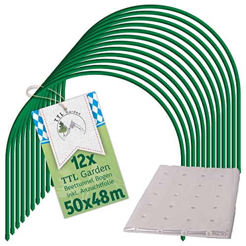 TTL Garden 12x 50x48cm Tunnelbögen mit PE Folie gelocht - 12 x Folientunnel Bögen 50 cm breit beschichteter Stahl Rund Bogen für Abdeckung Frühbeet Hochbeet Gemüsebeet + PE Lochfolie 10 x 2 m von TTL Commerce