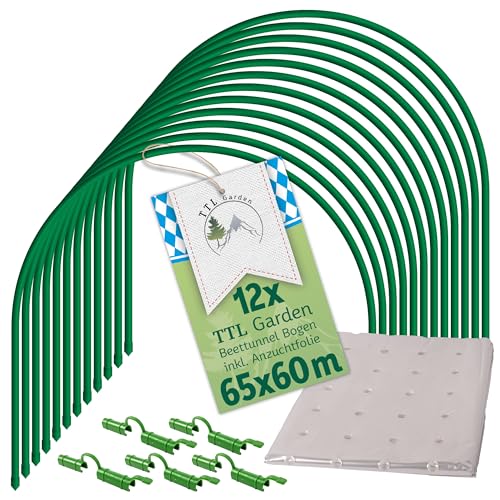 TTL Garden 12x 65x60cm Tunnelbögen mit PE Folie + Clips - 12 x Folientunnel Bögen 65 cm breit Stahl beschichtet Rund Bogen für Abdeckung Frühbeet Hochbeet + PE Lochfolie 10 x 2 m + 36x Clips von TTL Commerce