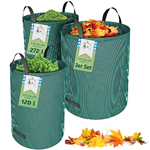 TTL Garden 3er Set 1x120L & 2x272L Gartensack - extra stabil selbststehend 4 Griffe 150gsm groß robust & faltbar - 3er Set Garten Sack Laubsack Abfallsack für Gras Laub Hecke Gartenabfall von TTL Commerce