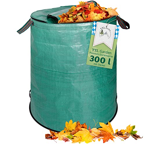 TTL Garden 1x 300L Gartensack Premium - mit Deckel verschließbar selbststehend - 4 Griffe 150gsm extra groß stabil robust & faltbar 300 Liter Sack Laubsack Gras Laub Gartenabfall Grünschnitt von TTL Commerce