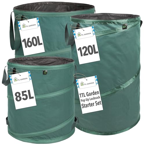TTL Garden 1x85L 1x120L 1x160L Starter Set Pop Up Gartensack Premium - 220gsm 600D Oxford Gewebe selbstaufstellend robust & wasserfest Gartenabfallsack Laubsack Sack für Gartenschnitt faltbar von TTL Commerce
