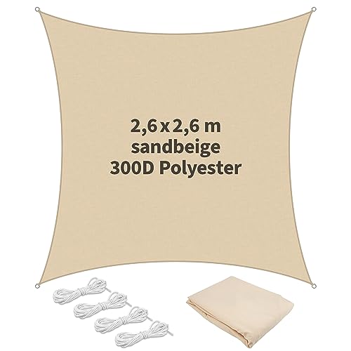 TTL Garden 2,6x2,6m Sonnensegel Quadrat Sand-beige - Premium Polyester 300D 160g/m² 93% Abschattung - reißfest & robust Sonnenschutz & Wetterschutz für Garten, Balkon & Terrasse, mit 4X Schnur 1,5m von TTL Commerce