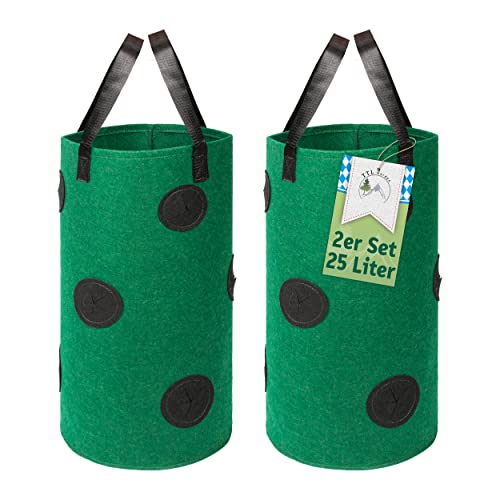 TTL Garden 2X 25L Pflanzsack hängend oder stehend - 2er Set große 25 Liter Vlies Pflanzentasche Erdbeer Ampel Pflanzturm Pflanzbeutel mit 10 Pflanz Löchern für Erdbeeren Kräuter & Blumen - grün von TTL Commerce