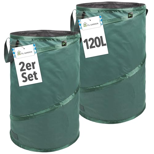 TTL Garden 2x 120L Premium Pop Up Gartensack - 220gsm 600D Oxford Gewebe selbstaufstellend robust & wasserfest - 2er Set 120 Liter – Gartenabfallsack Laubsack Sack Gartenschnitt faltbar von TTL Commerce