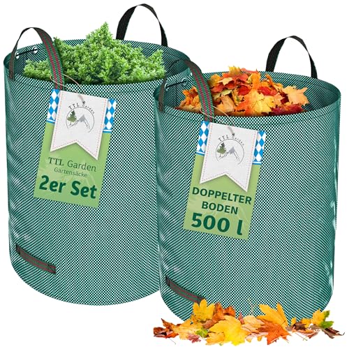 TTL Garden 2x 500L Gartensack - DOPPELTER BODEN extra stabil selbststehend 4 Griffe 150gsm extra groß robust & faltbar - 2er Set Garten Sack Laubsack Abfallsack für Gras Laub Hecke Gartenabfall von TTL Commerce