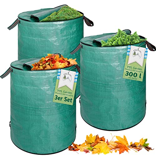 TTL Garden 3X 300L Gartensack Deckel & DOPPELTER Boden - selbststehend 4 Griffe 150gsm extra groß stabil robust & faltbar 3er Set 300 Liter Garten Sack & Laubsack für Gras Laub Gartenabfall von TTL Commerce