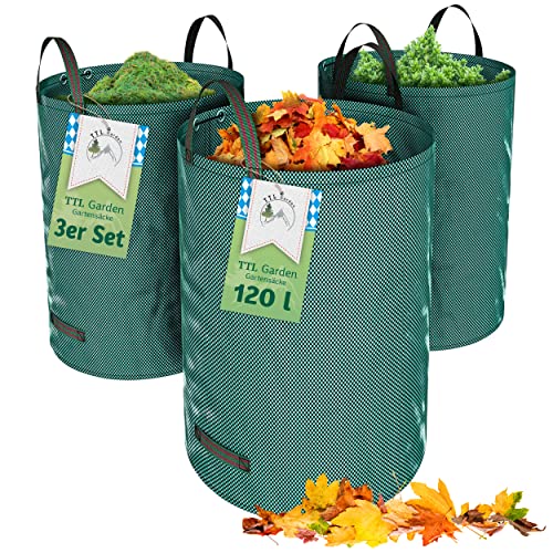 TTL Garden 3x 120L Gartensack - selbststehend 4 Griffe 150gsm extra stabil robust & faltbar - 3er Set 120 Liter Sack Behälter Laubsack Abfallsack für Gras Laub Hecke Gartenabfall Grünschnitt von TTL Commerce