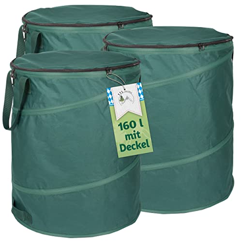 TTL Garden 3x 160L Pop Up Gartensack Deluxe mit Deckel - 220gsm 600D Oxford 3er Set 160 Liter Gartenabfallsack faltbar extra stabil - Laubsack Sack & Behälter für Grünschnitt Garten Abfall von TTL Commerce