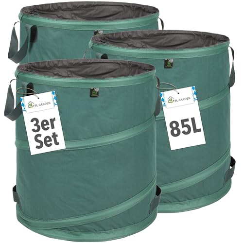 TTL Garden 3x 85L Premium Pop Up Gartensack - 220gsm 600D Oxford Gewebe selbstaufstellend extra robust & wasserfest - 3er Set 85 Liter – Gartenabfallsack Laubsack Sack für Gartenschnitt faltbar von TTL Commerce
