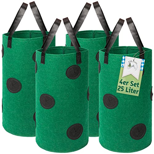 TTL Garden 4X 25L Pflanzsack hängend oder stehend - 4er Set große 25 Liter Vlies Pflanzentasche Erdbeer Ampel Pflanzturm Pflanzbeutel mit 10 Pflanz Löchern für Erdbeeren Kräuter & Blumen - grün von TTL Commerce