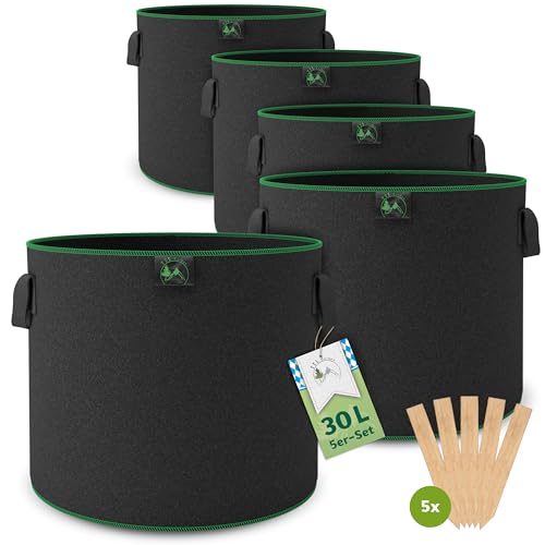 TTL Garden 5X 30L Pflanzsack aus Vlies Stoff - 5er Set 30 Liter Pflanztaschen aus 300 g/m² Filz & Vliesstoff - Pflanzgefäß Pflanzbeutel Wachstumstasche für Balkon Terrasse Gewächshaus & Garten von TTL Commerce