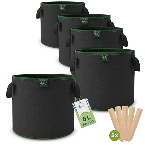 TTL Garden 5X 6L Pflanzsack aus Vlies Stoff - Stofftopf 5er Set 6 Liter Pflanztaschen 300 g/m² Filz & Vliesstoff - Pflanzgefäß Pflanzbeutel Wachstumstasche für Balkon Terrasse Gewächshaus Garten von TTL Commerce