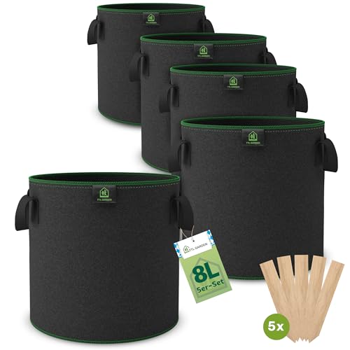 TTL Garden 5X 8L Pflanzsack aus Vlies Stoff - 5er Set 8 Liter Pflanztaschen aus 300 g/m² Filz & Vliesstoff Pflanzgefäß Pflanzbeutel Wachstumstasche für Balkon Terrasse Gewächshaus & Garten von TTL Commerce