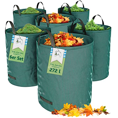 TTL Garden 6x 272L Gartensack - DOPPELTER BODEN extra stabil selbststehend 4 Griffe 150gsm groß robust & faltbar - 6er Set 272 Liter Garten Sack Laubsack Abfallsack für Gras Laub Hecke Gartenabfall von TTL Commerce