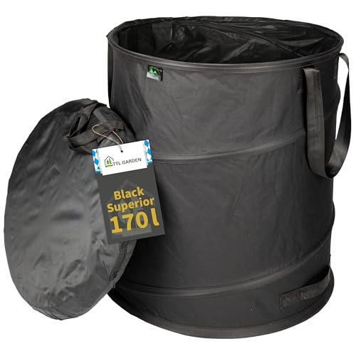 TTL Garden BLACK SUPERIOR 170L Pop Up Gartensack - DOPPELTER BODEN 260gsm extra stabil 600D Oxford 170 Liter Gartenabfallsack Laubsack faltbar Grünschnitt Garten Abfall selbstaufstellend von TTL Commerce