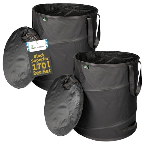 TTL Garden BLACK SUPERIOR 2x 170L Pop Up Gartensack - DOPPELTER BODEN 260gsm extra stabil 600D Oxford 2er Set 170 Liter Gartenabfallsack Laubsack faltbar Grünschnitt Garten Abfall selbstaufstellend von TTL Commerce