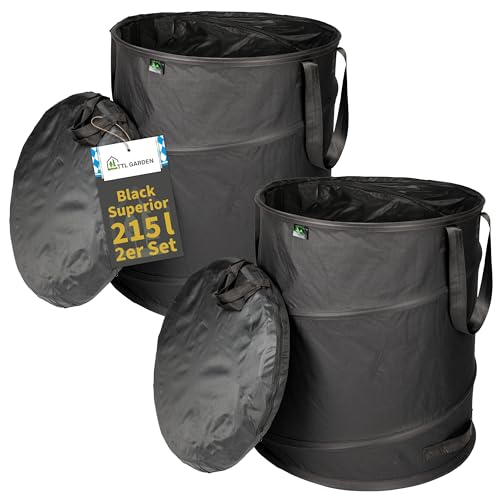 TTL Garden BLACK SUPERIOR 2x 215L Pop Up Gartensack - DOPPELTER BODEN 260gsm extra stabil 600D Oxford 2er Set 215 Liter Gartenabfallsack Laubsack faltbar Grünschnitt Garten Abfall selbstaufstellend von TTL Commerce