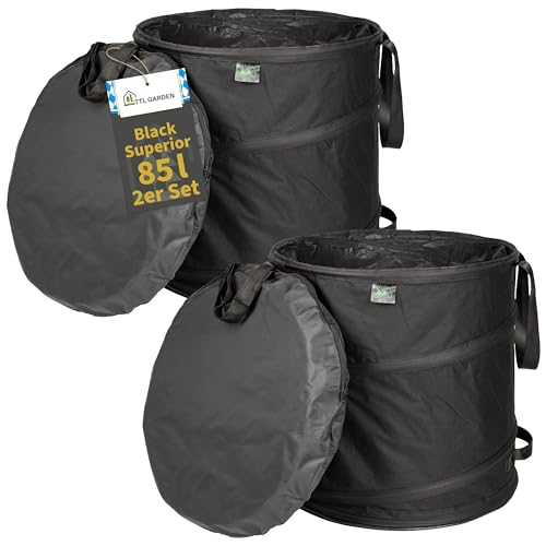 TTL Garden BLACK SUPERIOR 2x 85L Pop Up Gartensack - DOPPELTER BODEN 260gsm extra stabil 600D Oxford 2er Set 85 Liter Gartenabfallsack Laubsack faltbar Grünschnitt Garten Abfall selbstaufstellend von TTL Commerce