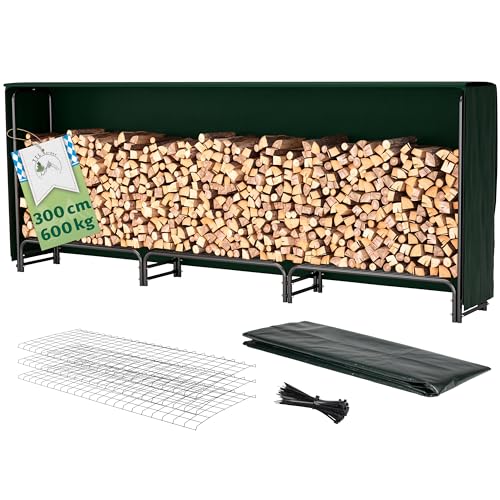 TTL Garden Kaminholzregal L 300x36x116cm schwarz mit Abdeckung - für aussen & innen, bis 600kg Holz wetterfeste Schutzplane - Metall Stahl Rohrrahmen rostfrei Holzunterstand Holzregal für Kaminholz von TTL Commerce