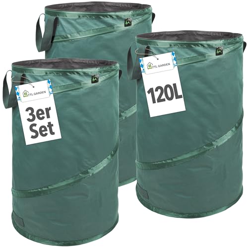 TTL Garden 3x 120L Premium Pop Up Gartensack - 220gsm 600D Oxford Gewebe selbstaufstellend extra robust & wasserfest - 3er Set 120 Liter – Gartenabfallsack Laubsack Sack für Gartenschnitt faltbar von TTL Commerce