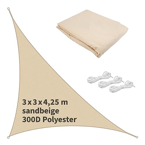 TTL Garden 3x3x4,25m Sonnensegel Dreieck rechtwinklig Sand-beige - Premium Polyester 300D 160g/m² 93% Abschattung - Sonnenschutz & Wetterschutz für Garten, Balkon & Terrasse, mit 3X Schnur 1,5m von TTL Commerce