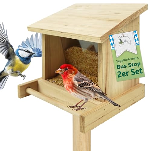 TTL Garden Vogelfutterhaus Bus Stop 2er Set - Vogelhaus aus Holz zum aufhängen 20x19x16cm aus Tannenholz Natur - Vogel Futterstationen wetterfestes Vogelhäuschen für Balkon Garten & Ständer von TTL Commerce