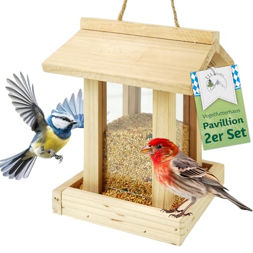 TTL Garden Vogelfutterhaus PAVILLON 2er Set - Vogelhaus aus Holz mit Schnur zum aufhängen 20x15x15cm aus Tannenholz Natur - Vogel Futterstationen Vogelhäuschen wetterfest Balkon Garten & Ständer von TTL Commerce