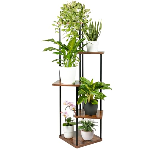 TTL HOME Blumenständer TOWER - 5 Etagen 105 cm hoch Pflanzenständer Design Holz Eiche & Metall schwarz - innen Deko für Wohnzimmer Blumen Ständer & Regal Pflanzenregal Blumenregal Blumentreppe von TTL Commerce