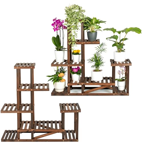 TTL HOME Pflanzenregal SKYLINE 2erSet - 96 x 97 x 25 cm Natur Holz braun Pflanzentreppe Blumenbank 96cm hoch 7 Plattformen auf 5 Ebenen Blumenregal Regal Blumentreppe innen & außen Balkon Terrasse von TTL Commerce