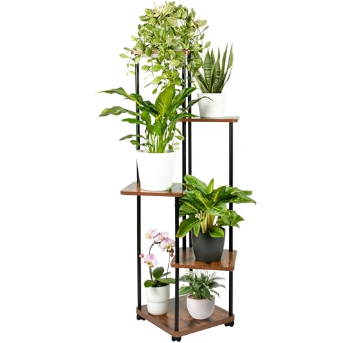TTL HOME Pflanzenregal TOWER mit Rollen 5 Etagen - Blumenregal 112 cm hoch für Wohnzimmer - Design Pflanzenständer Holz Eiche Metall schwarz - Blumentreppe Ständer & Regal innen Deko Blumen Pflanzen von TTL Commerce