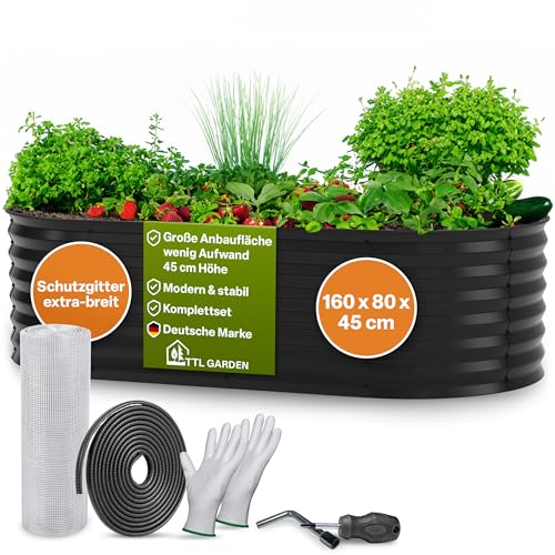 TTL GARDEN 160x80x45cm Elegance M Metall Hochbeet Anthrazit - Stahl rostfrei verzinkt & grau lackiert Wellblech ovale Form sehr stabil Garten Beet für Gemüse Kräuter Blumen Gartenbeet Gemüsebeet von TTL GARDEN