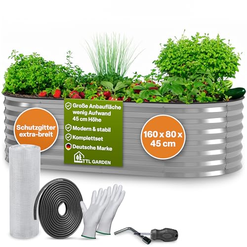 TTL GARDEN 160x80x45cm Spirit M Metall Hochbeet Silber - Stahl rostfrei verzinkt Wellblech ovale Form sehr groß stabil & wetterfest Garten Beet für Gemüse Kräuter Blumen Gartenbeet Gemüsebeet von TTL GARDEN