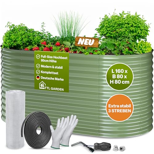 TTL GARDEN 160x80x80cm Nature M Metall Hochbeet Salbei-Grün - Stahl rostfrei verzinkt & lackiert Wellblech oval 80cm hoch sehr stabil Garten Beet für Gemüse Kräuter Blumen Gartenbeet Gemüsebeet von TTL GARDEN