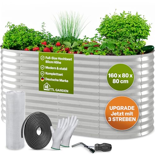 TTL GARDEN 160x80x80cm Spirit M Metall Hochbeet Silber - Stahl rostfrei verzinkt Wellblech ovale Form groß sehr stabil & wetterfest Garten Beet für Gemüse Kräuter Blumen Gartenbeet Gemüsebeet von TTL GARDEN