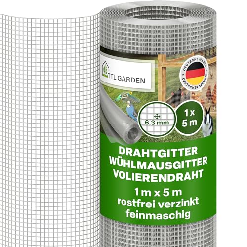 TTL GARDEN 1m x 5m Drahtgitter feinmaschig rostfrei verzinkt 6,3mm Masche 0,55 mm Draht Stärke - auf Rolle Maschendraht Volierendraht Hasendraht Wühlmausgitter 5m x 1m breit 6,3 mm Maschenweite von TTL GARDEN