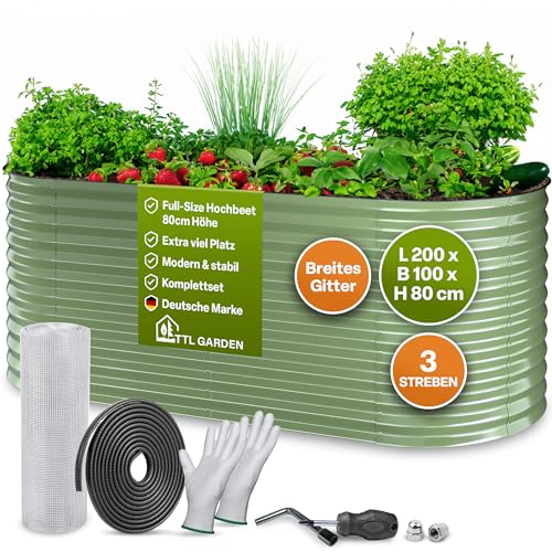 TTL GARDEN 200x100x80cm Inspire L Salbei Metall Hochbeet - Stahl rostfrei verzinkt & grün lackiert Wellblech sehr stabil Garten Beet Form oval für Gemüse Kräuter Blumen Gartenbeet Gemüsebeet von TTL GARDEN