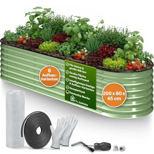 TTL GARDEN 200x60x45cm Metall Hochbeet Fusion 6-in-1 Salbei Grün - Stahl rostfrei verzinkt & lackiert 45cm hoch 60cm breit Wellblech Form oval stabil Garten Beet für Gemüse Kräuter Blumen Gartenbeet von TTL GARDEN