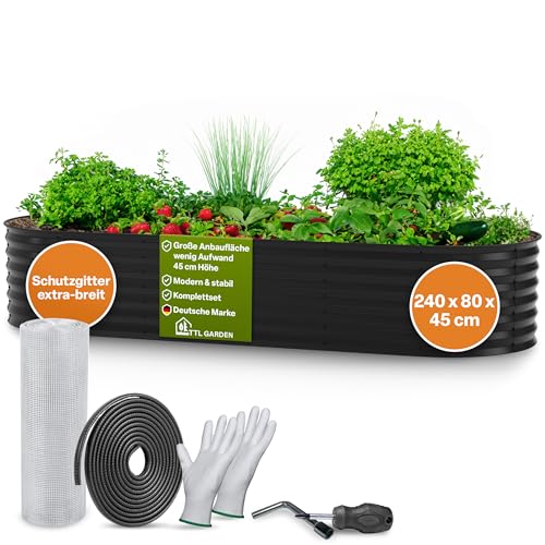 TTL GARDEN 240x80x45cm Elegance L Metall Hochbeet Anthrazit - Stahl rostfrei verzinkt & grau lackiert Wellblech ovale Form sehr stabil Garten Beet für Gemüse Kräuter Blumen Gartenbeet Gemüsebeet von TTL GARDEN