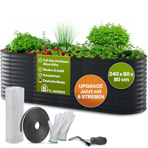TTL GARDEN 240x80x80cm Elegance L Metall Hochbeet Anthrazit - Stahl rostfrei verzinkt & grau lackiert Wellblech ovale Form sehr stabil Garten Beet für Gemüse Kräuter Blumen Gartenbeet Gemüsebeet von TTL GARDEN