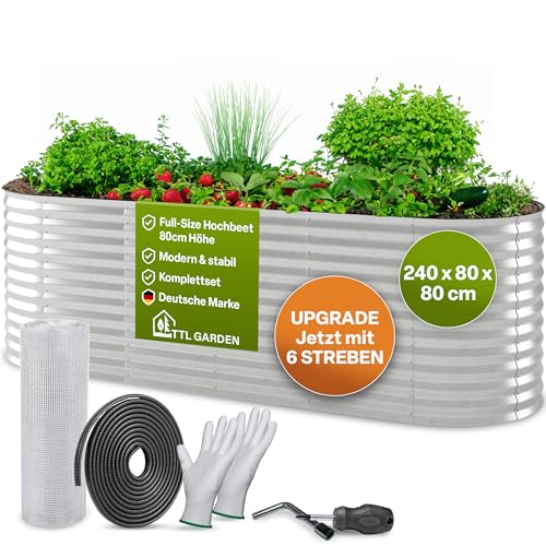 TTL GARDEN 240x80x80cm Spirit L Metall Hochbeet Silber - Stahl rostfrei verzinkt Wellblech ovale Form sehr groß stabil & wetterfest Garten Beet für Gemüse Kräuter Blumen Gartenbeet Gemüsebeet von TTL GARDEN