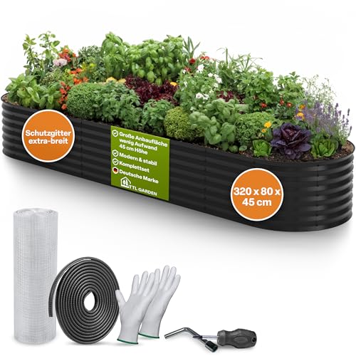TTL GARDEN 320x80x45cm Elegance XL Metall Hochbeet Anthrazit - Stahl rostfrei verzinkt & grau lackiert Wellblech ovale Form sehr stabil Garten Beet für Gemüse Kräuter Blumen Gartenbeet Gemüsebeet von TTL GARDEN