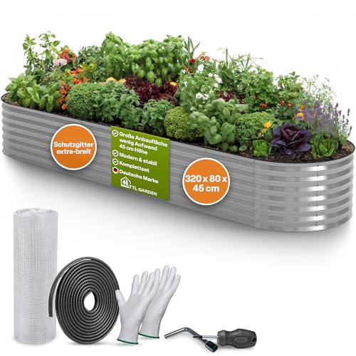 TTL GARDEN 320x80x45cm Spirit XL Metall Hochbeet Silber - Stahl rostfrei verzinkt Wellblech ovale Form sehr groß stabil & wetterfest Garten Beet für Gemüse Kräuter Blumen Gartenbeet Gemüsebeet von TTL GARDEN