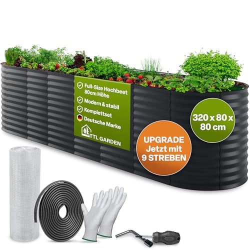 TTL GARDEN 320x80x80cm Elegance XL Metall Hochbeet Anthrazit - Stahl rostfrei verzinkt & grau lackiert Wellblech ovale Form sehr stabil Garten Beet für Gemüse Kräuter Blumen Gartenbeet Gemüsebeet von TTL GARDEN