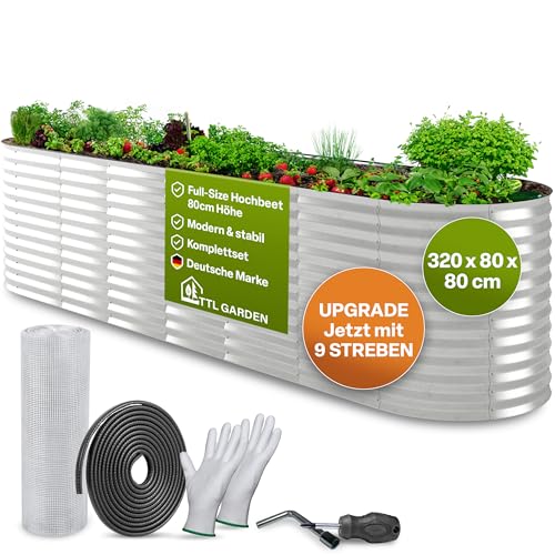 TTL GARDEN 320x80x80cm Spirit XL Metall Hochbeet Silber - Stahl rostfrei verzinkt Wellblech ovale Form sehr groß stabil & wetterfest Garten Beet für Gemüse Kräuter Blumen Gartenbeet Gemüsebeet von TTL GARDEN